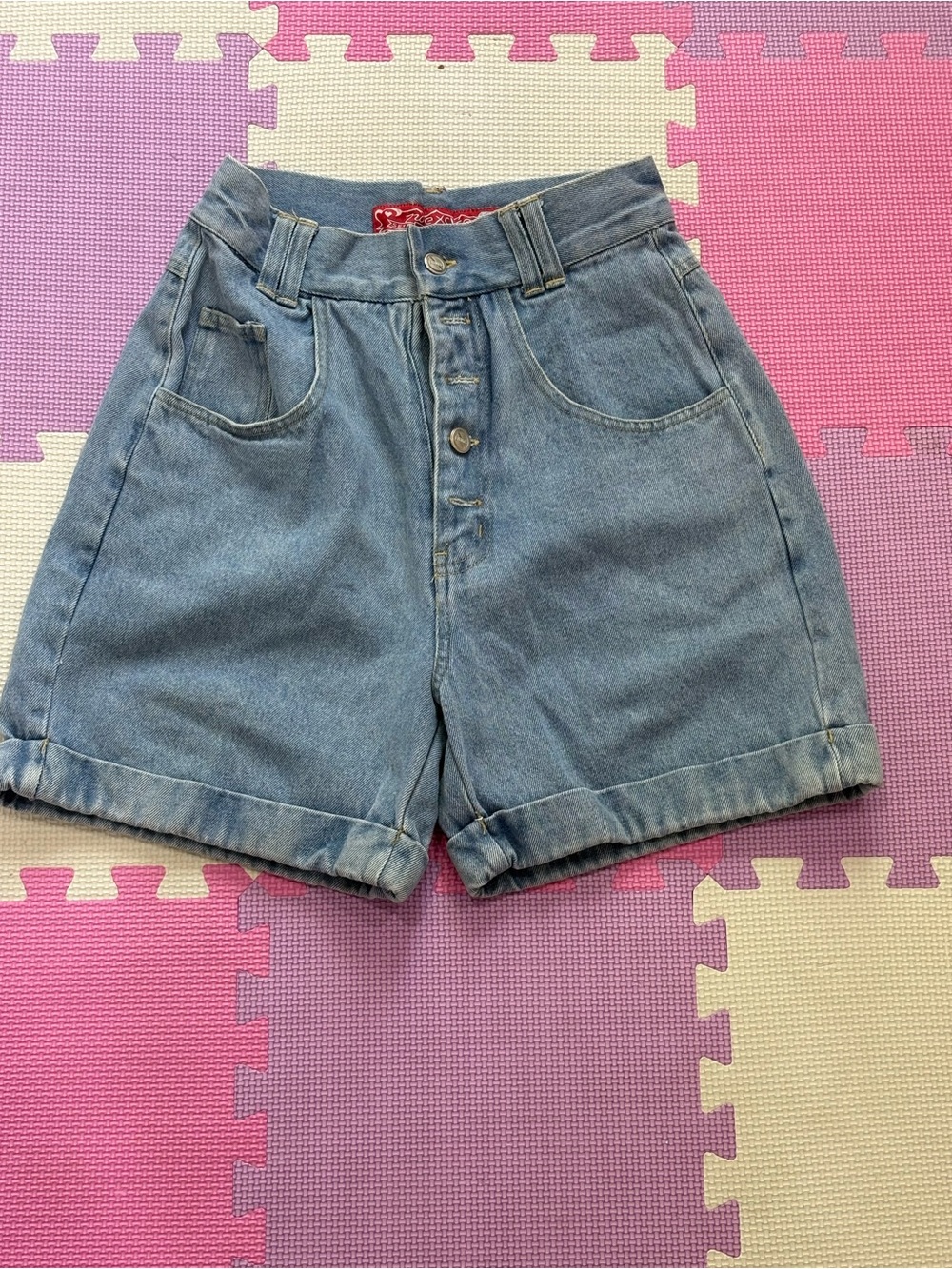 High-Rise Light Blue Denim Jean Shorts with Cuffed Hem